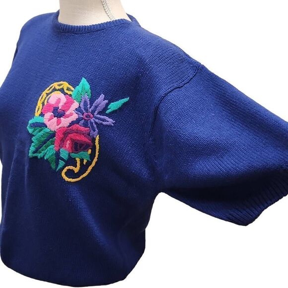 Segue Women's Blue Embroidered Flower Short Sleeve Top Medium (10-12) NWT - Picture 5 of 11